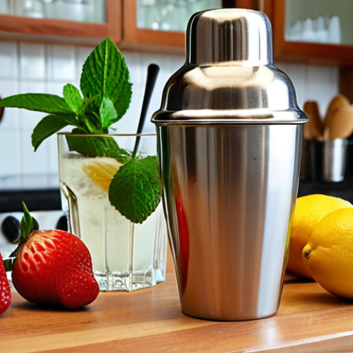 A close-up, eye-level shot of a "home bartender" setting on a warm wooden kitchen counter. A gleaming stainless steel cocktail shaker, a jigger, and a muddler are neatly arranged. Fresh, vibrant ingredients like whole lemons, bright green mint sprigs, and ripe strawberries are scattered around, hinting at a creative process. Soft, natural light illuminates the scene, emphasizing freshness and quality.