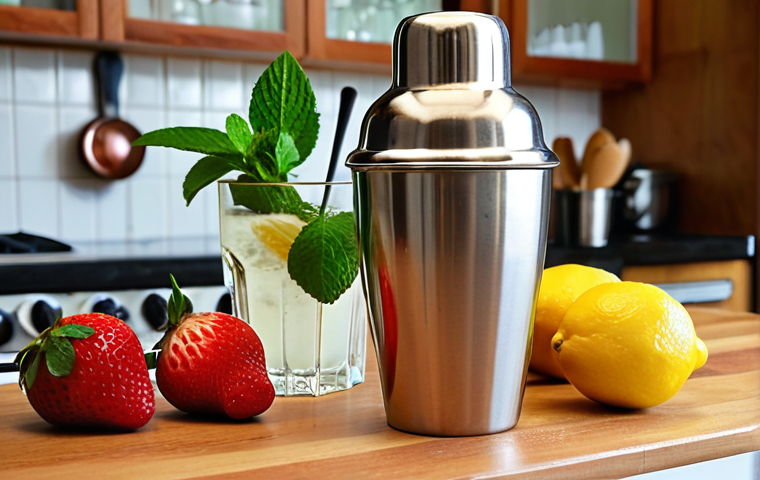 A close-up, eye-level shot of a "home bartender" setting on a warm wooden kitchen counter. A gleaming stainless steel cocktail shaker, a jigger, and a muddler are neatly arranged. Fresh, vibrant ingredients like whole lemons, bright green mint sprigs, and ripe strawberries are scattered around, hinting at a creative process. Soft, natural light illuminates the scene, emphasizing freshness and quality.