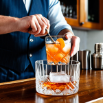 A focused individual, fully clothed in professional, modest attire, is carefully stirring an Old Fashioned cocktail in a clean, well-lit home bar setting. On the polished wooden counter, a collection of essential bar tools including a sleek silver shaker, a precise jigger, and a long bar spoon are neatly arranged alongside a bottle of whiskey, a fresh orange, and a bowl of large, clear ice cubes. The scene emphasizes precise craftsmanship and the enjoyment of home cocktail creation, captured with high-quality, professional photography. The subject's hands are well-formed with proper finger count, and their posture is natural, showcasing perfect anatomy and correct proportions. Safe for work, appropriate content, family-friendly.