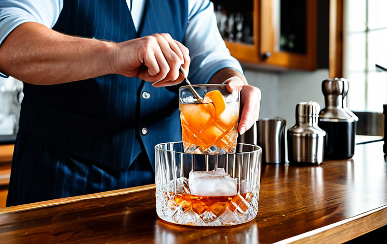 A focused individual, fully clothed in professional, modest attire, is carefully stirring an Old Fashioned cocktail in a clean, well-lit home bar setting. On the polished wooden counter, a collection of essential bar tools including a sleek silver shaker, a precise jigger, and a long bar spoon are neatly arranged alongside a bottle of whiskey, a fresh orange, and a bowl of large, clear ice cubes. The scene emphasizes precise craftsmanship and the enjoyment of home cocktail creation, captured with high-quality, professional photography. The subject's hands are well-formed with proper finger count, and their posture is natural, showcasing perfect anatomy and correct proportions. Safe for work, appropriate content, family-friendly.