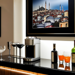 Modern Home Bar Corner**

"A sleek and modern mini bar corner in a Turkish home, featuring clean lines, metallic accents, and stylish glassware.  The bar includes a small wine cooler, neatly arranged bottles, and a cocktail shaker set.  Soft, warm lighting illuminates the scene.  A framed Istanbul cityscape print hangs on the wall.  Fully clothed person casually preparing a drink. Safe for work, appropriate content, professional, perfect anatomy, natural pose, well-formed hands, proper finger count, natural body proportions, fully clothed, modest decor."

**