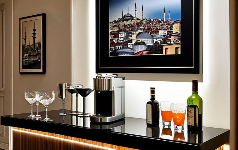 Modern Home Bar Corner**

"A sleek and modern mini bar corner in a Turkish home, featuring clean lines, metallic accents, and stylish glassware.  The bar includes a small wine cooler, neatly arranged bottles, and a cocktail shaker set.  Soft, warm lighting illuminates the scene.  A framed Istanbul cityscape print hangs on the wall.  Fully clothed person casually preparing a drink. Safe for work, appropriate content, professional, perfect anatomy, natural pose, well-formed hands, proper finger count, natural body proportions, fully clothed, modest decor."

**