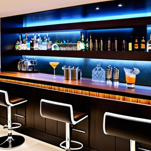 홈바텐더 홈바 조명 선택 - Modern Home Bar Elegance**

"A sleek, modern home bar setup with a dark wood bar top and stainless s...