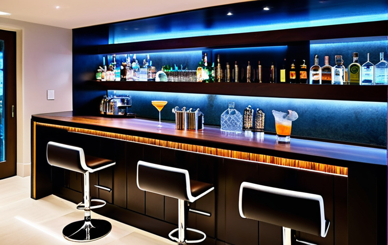 홈바텐더 홈바 조명 선택 - Modern Home Bar Elegance**

"A sleek, modern home bar setup with a dark wood bar top and stainless s...